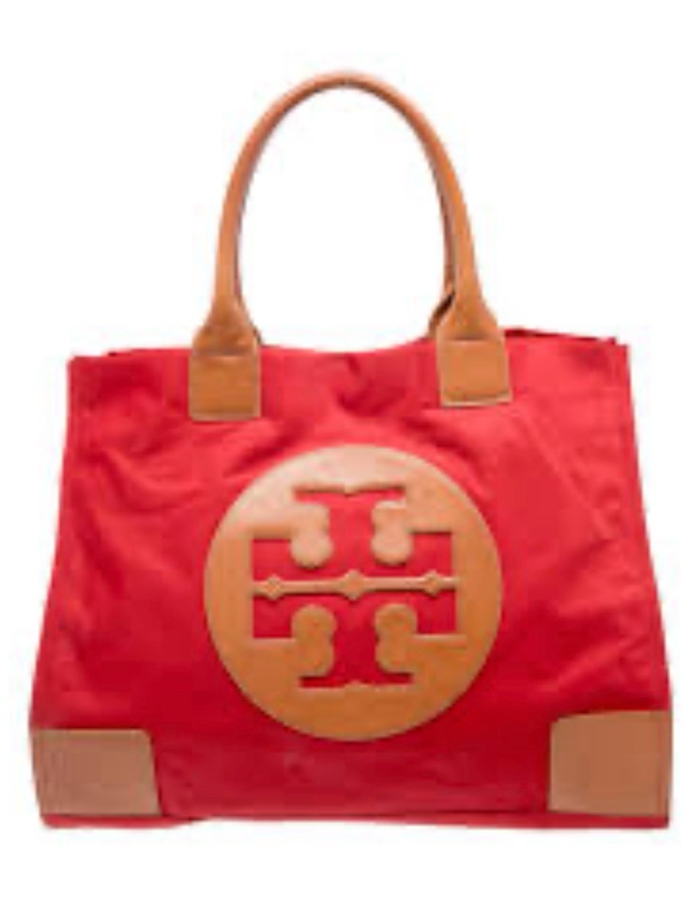 Tory Burch Red Nylon Tote with Tan Leather Trim and Logo